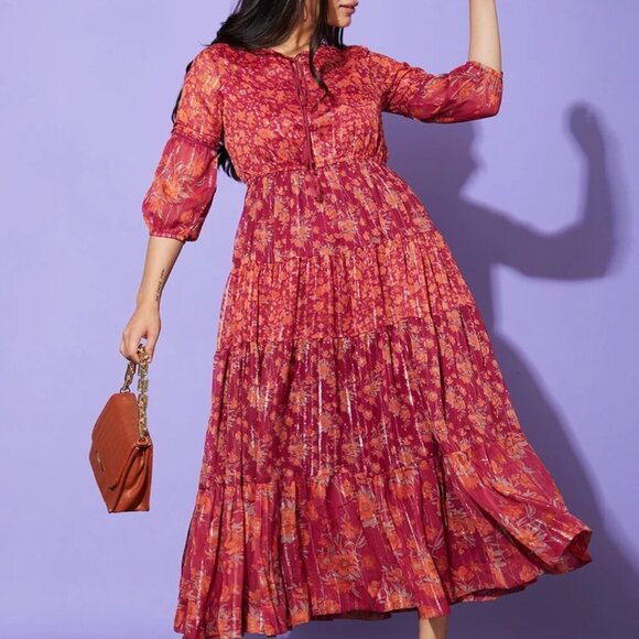 Julia Jordan Red Pink Floral Paisley Pleated V Neck Boho Tiered Flowy Maxi Dress - Picture 14 of 14